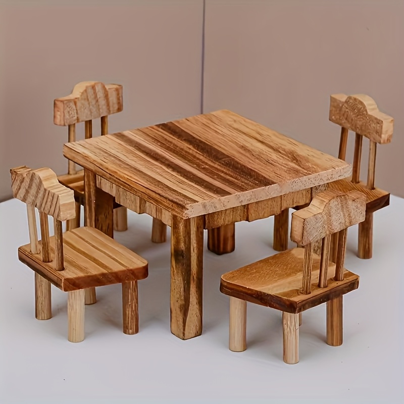 Image of 1 Set Miniature Square Dining Table & Chairs Suitable For Dollhouse, Model Railway, Mini Kitchens - Wood Realistic Miniature Furniture With & Matching Chairs, Dollhouse Restaurant Decor