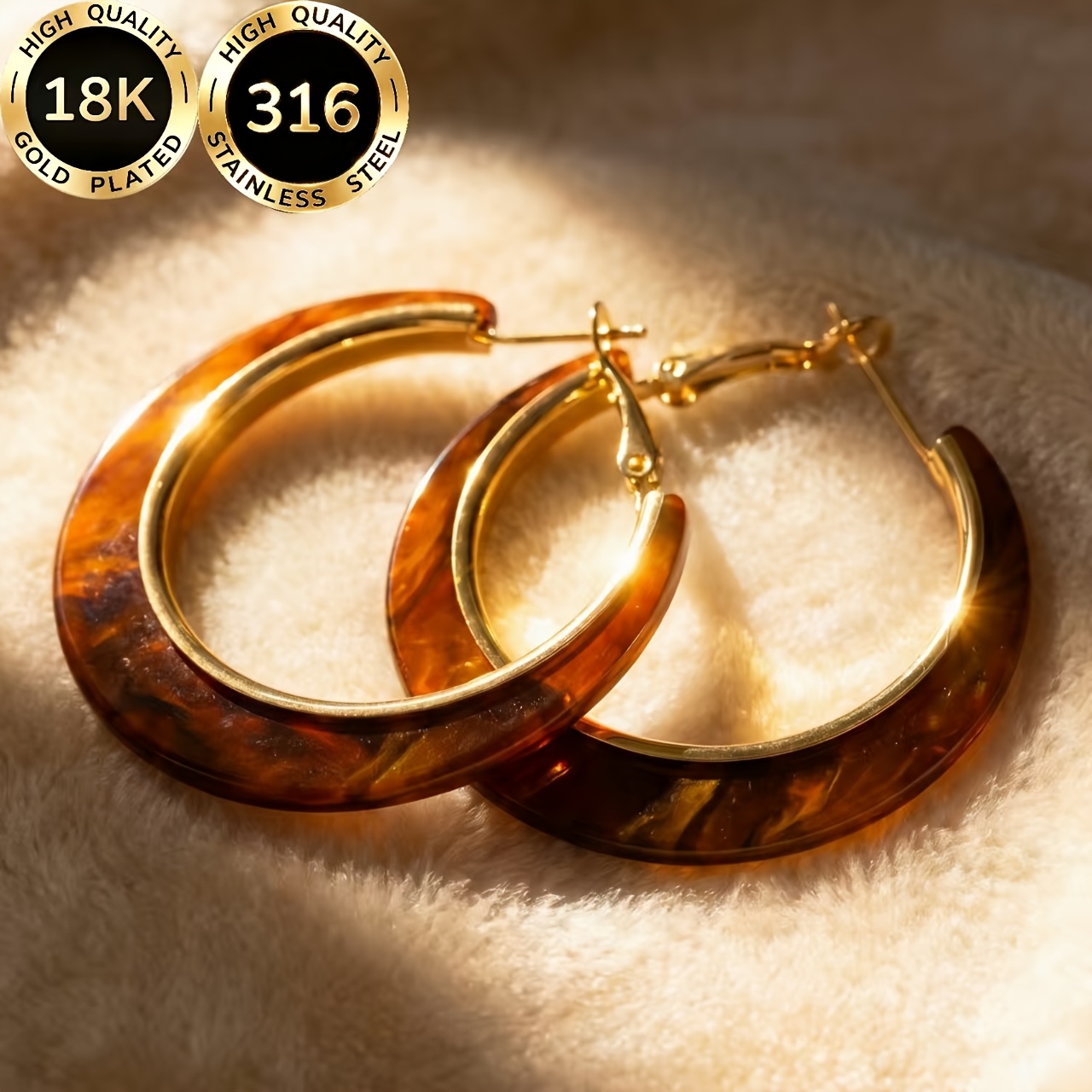 TEMU A Pair Of High-quality Steel 18k Gold-plated Hypoallergenic Earrings For Women, Featuring A Light Luxury And Elegant Round Amber-brown Gradient