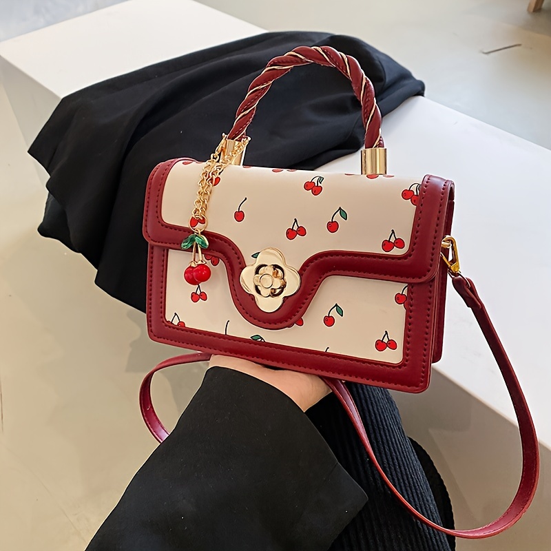 

Cherry Print Handbag For Women, Sweet Mini Crossbody Bag, Stylish Flower Lock Shoulder Bag Square Purse