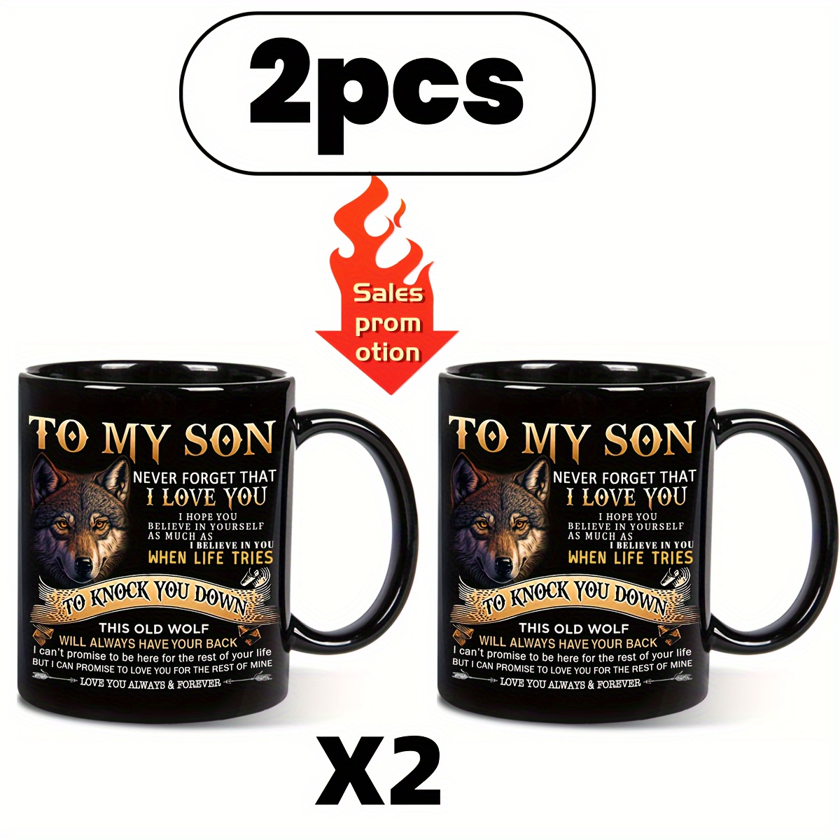 

2 Pcs, Inspirational "to My Son" Coffee Mug, 320ml/11oz Ceramic Water Cup With Black Wolf Design, Drink Holder, Christmas Gift