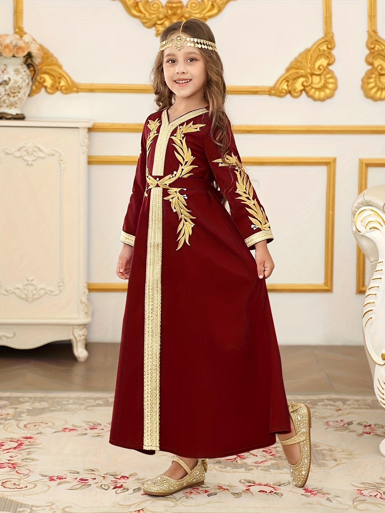 * Dubai Girls Long Gowns Dresses Arabian Lace Long Sleeve Kids Dresses  Ramadan Festival Dresses