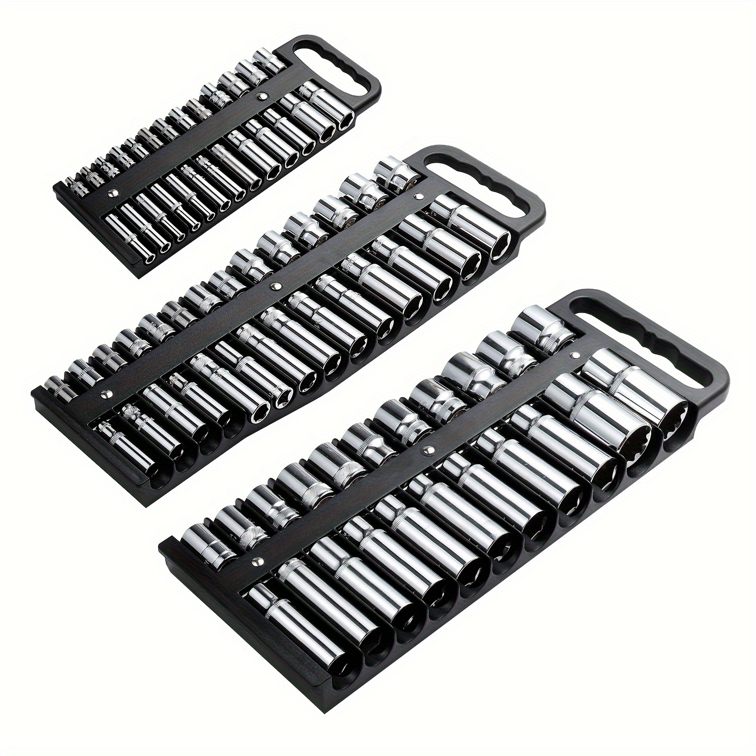 

Magnetic Socket Organizer Set, 3-piece Black Portable Magnetic Socket Holder Tray, Heavy Duty Socket Racks For 1/2-inch& 3/8-inch& 1/4-inch Drive, Hold 76 Sockets - Fit Shallow&deep Sockets