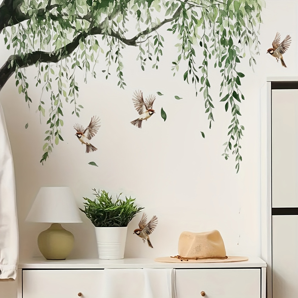 Image of -painted , Falling Leaves And Birds Wall Stickers, Suitable For Living Room, Bedroom And Bathroom Home Decoration, Wall Decoration Stickers, , Fun Stickers, Easy To Paste And Remove, Fun Item