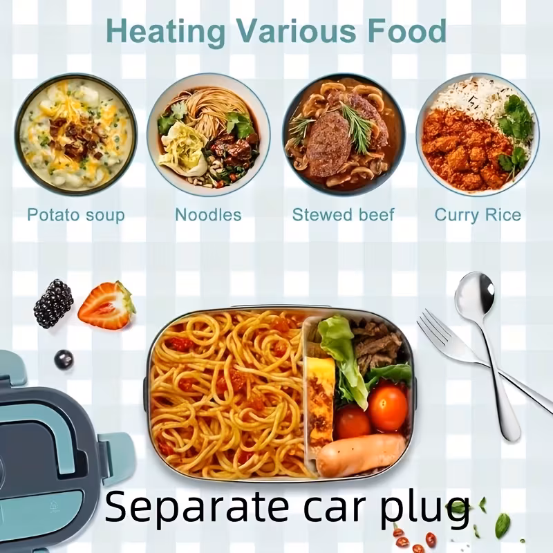 portable insulated heating student lunch box hot food waterless heating 50 72oz stainless steel container soup pot fruit box leak proof stainless steel container with car plug 12v 24v suitable for cars and trucks spoon details 2