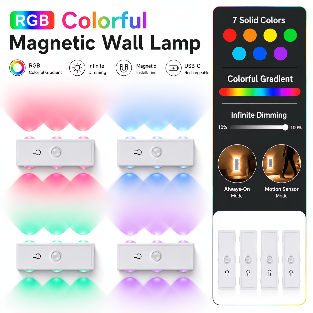 TEMU Lampe de nuit fil rechargeable à LED dynamique RGB avec détecteur de mouvement, applique murale à changement de couleur pour chambre, placard,
