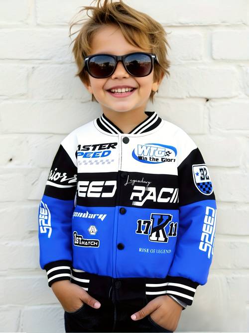 Boys Cartoon Motorcycle Style Creative Letter Print Fashion Jacket, /Autumn Coat, Suitable for School Parties, Sports Outdoor, Holiday Wear, a Gift