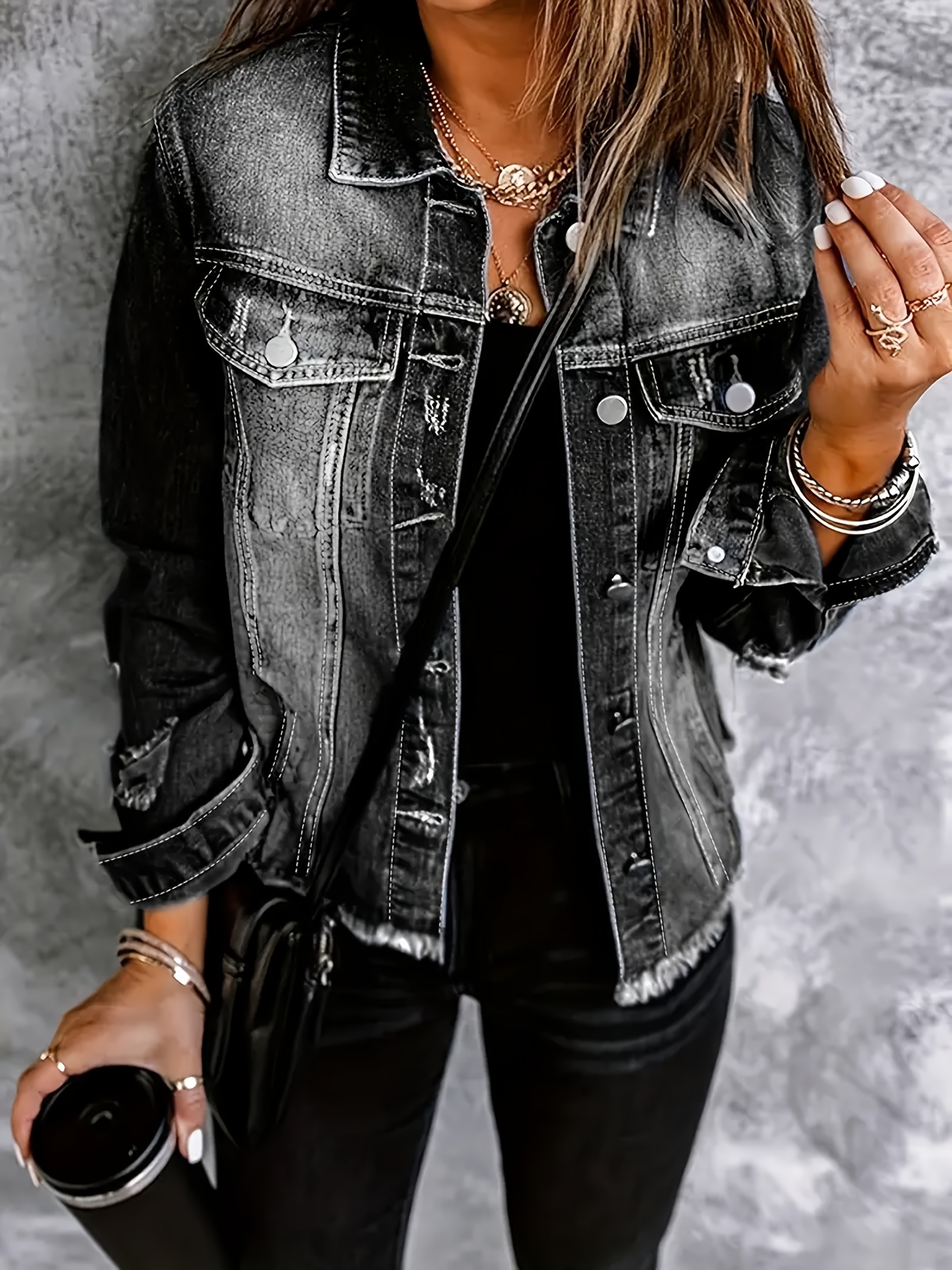 womens fit black denim jacket long sleeve button - Temu Canada