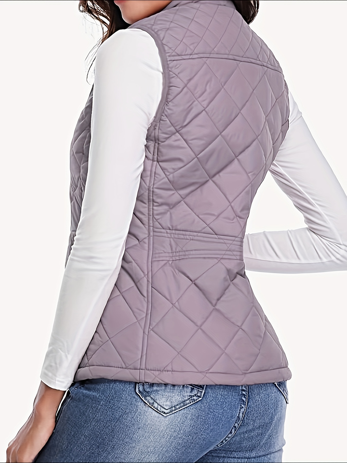 womens stand up collar lightweight vest with stitching and zipper back details 17