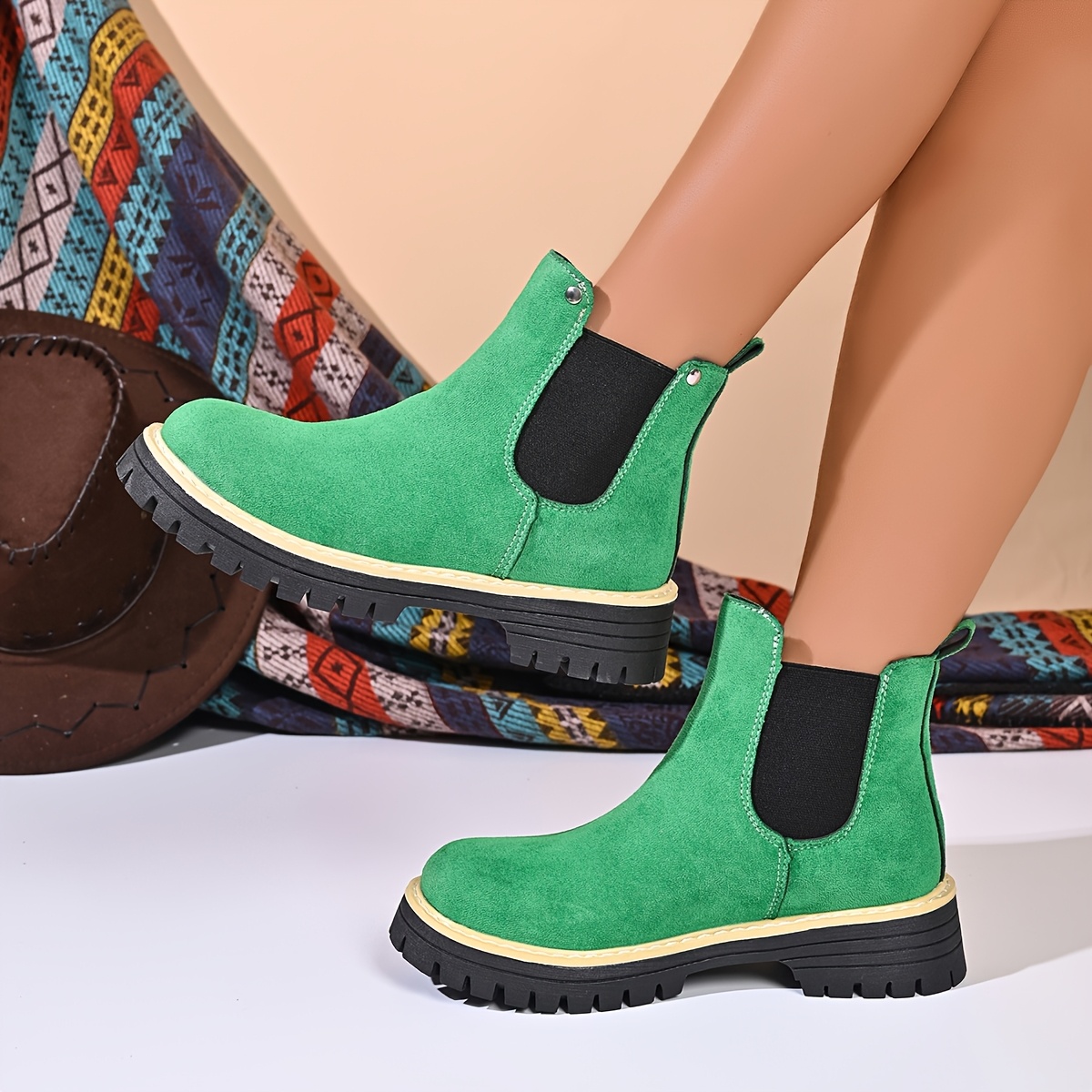 TEMU Fashionable Round-toe Platform Heightening Elegant Stretch Women's Plus-size High-heel Ankle Boots, Featuring A Stylish Elastic Opening For ,
