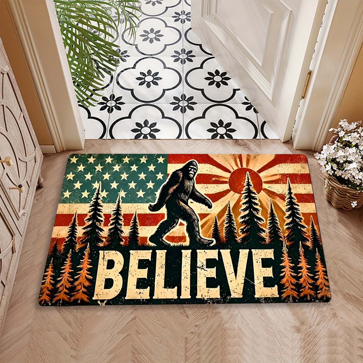 

Vintage Bigfoot 'believe' Door Mat: Forest Bigfoot Indoor Decor, Suitable For Entryway, Living Room, Bedroom, Game Room, Study, Kitchen, Bathroom, And Bathroom Non-slip Area Rugs