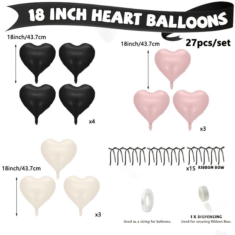27pcs/set And White Black Balloons Heart Shape Balloons With Black Bow Ribbon, Dusty Pink White Heart Shaped Balloon, 18 Inch Heart Film For Party, Wedding