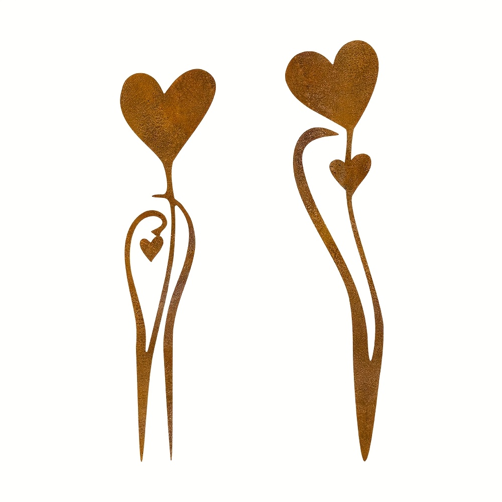 Image of 【2d Flat】 [2d Flat] 2pcs Rusty Metal Heart-shaped Garden Stakes, Decorative Ground Stakes For Yard, Rustic Outdoor Heart-shaped Metal Decor, Ideal For Women And Wedding Gifts In The Garden
