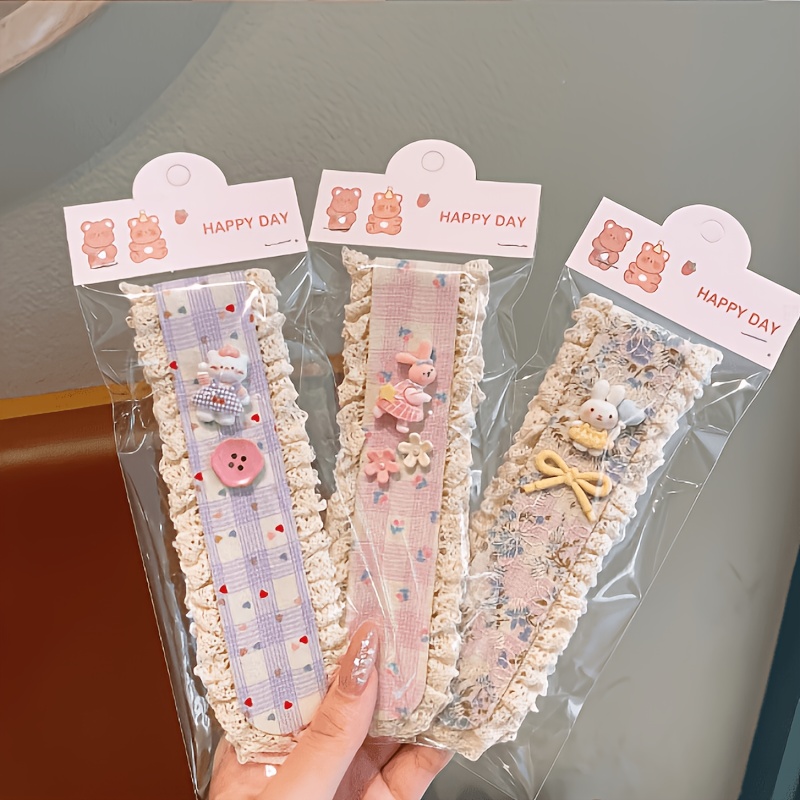 3-pack Lace Bangs Stickers, Cute Floral Fringe Hair Grips With Cartoon Charms, Non-slip Holders For Women And, Hair Additions For Face Washing, Makeup, And Daily Wear