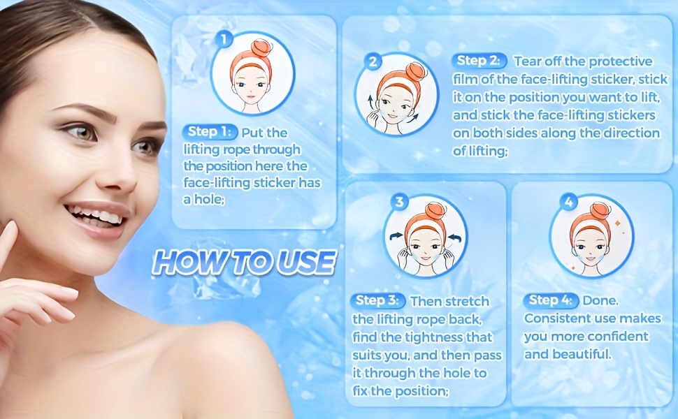 set of invisible lifting tape and bands 18 hypoallergenic clear lifting patches with 4 adjustable elastic bands lines   feet firming v face instantly   neck jawline and double chin reusable unscented details 4