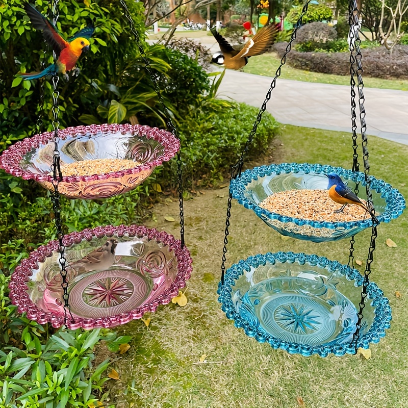 

Bain d'oiseaux suspendu à 2 niveaux et mangeoire, accent décoratif pour le jardin et la maison, plateau durable avec chaîne, motifs bleus et roses, station d'alimentation pour oiseaux d'extérieur