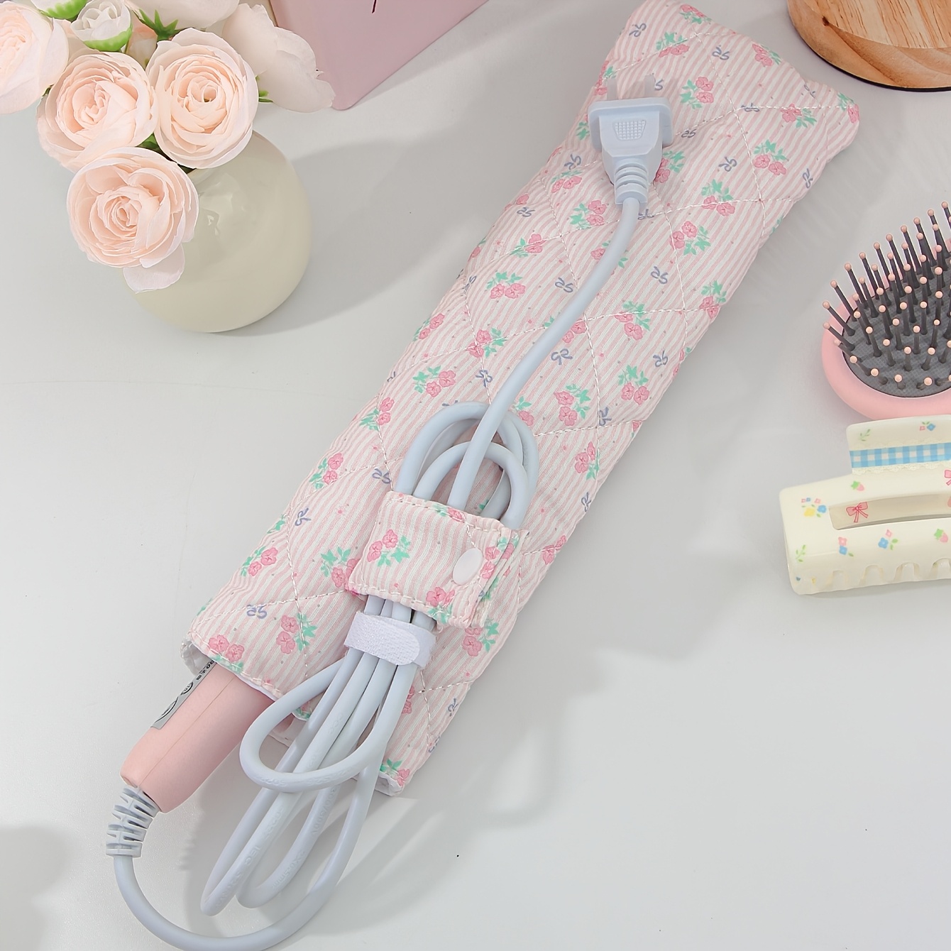 TEMU Borsa portaoggetti per asciugacapelli o piastra per ricci, borsa organizer da viaggio con motivo a righe e , borsa cosmetica da donna, borsa da
