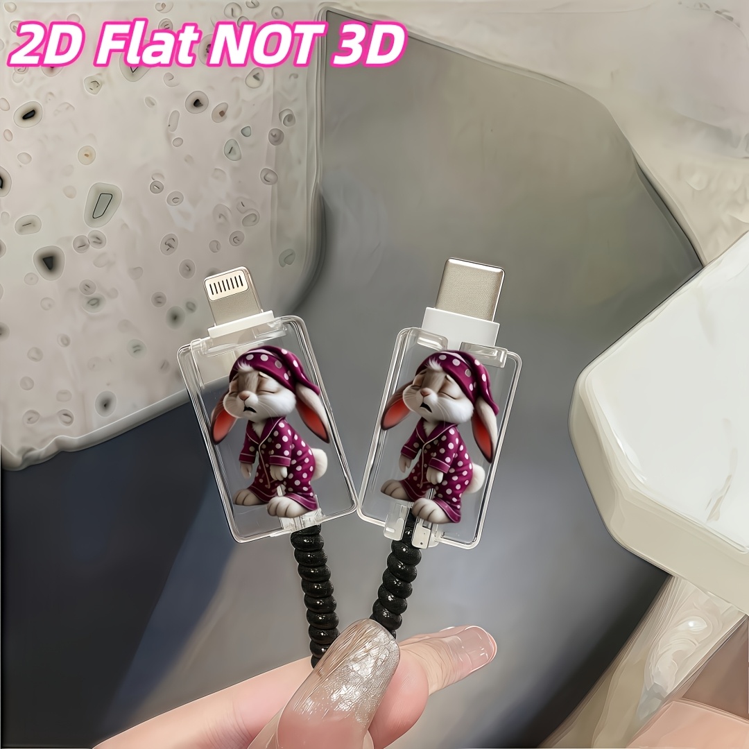 [2d Flat] 2pcs Sleeping Rabbit Cable Protectors, Anti-break, Type-c Phone Data Cable Protector, Aesthetic And Durable