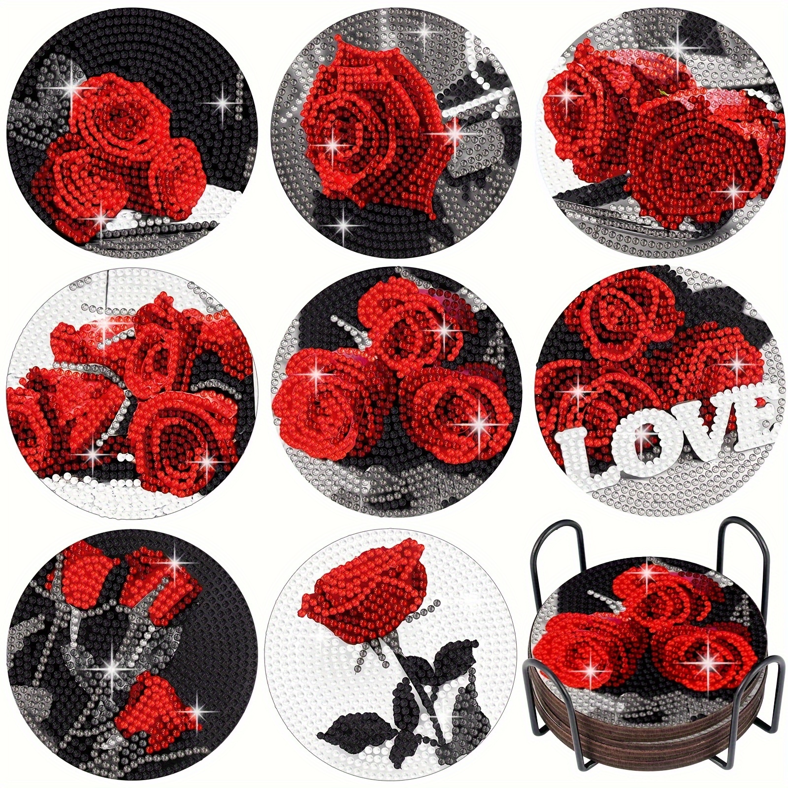 

8pcs Diy Diamond Painting Coaster Set With Stand - Round Gemstone Art Kit For Adults, Rose Flower Design, Craft Gift For Beginners