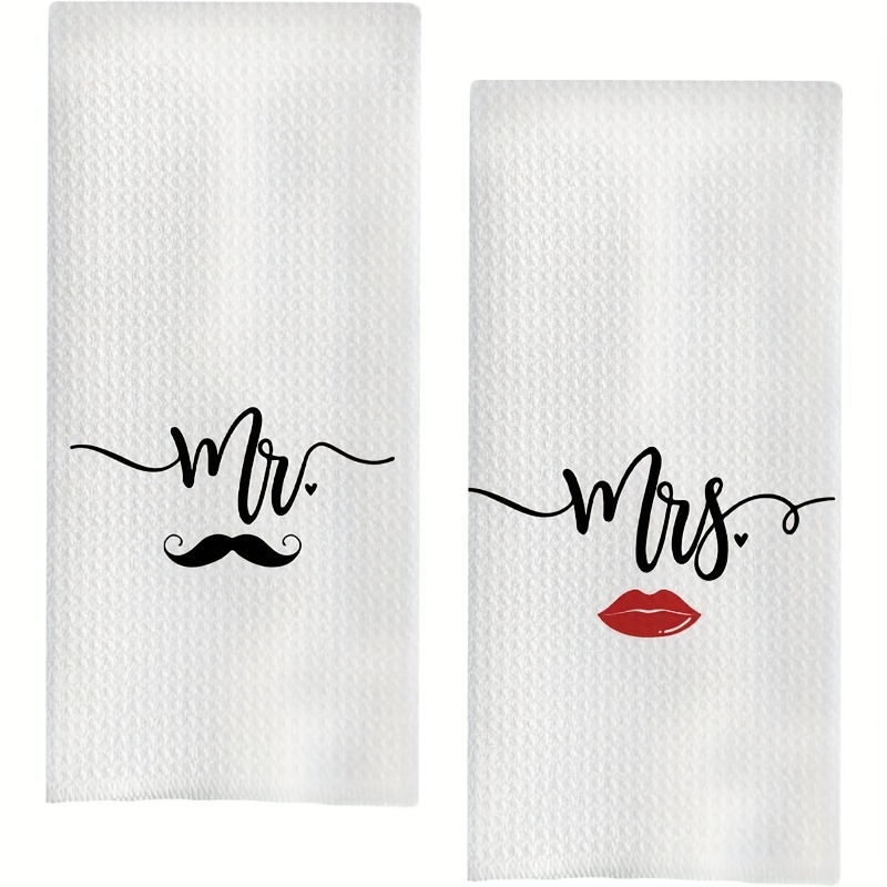 Image of 1 Set Of 2 Contemporary Mr. And Mrs. Hand Towels - 16x24 Inches, 100% Polyester, Machine Washable, Cartoon-themed, Kitchen Towels, Perfect For Couples, A Gift For