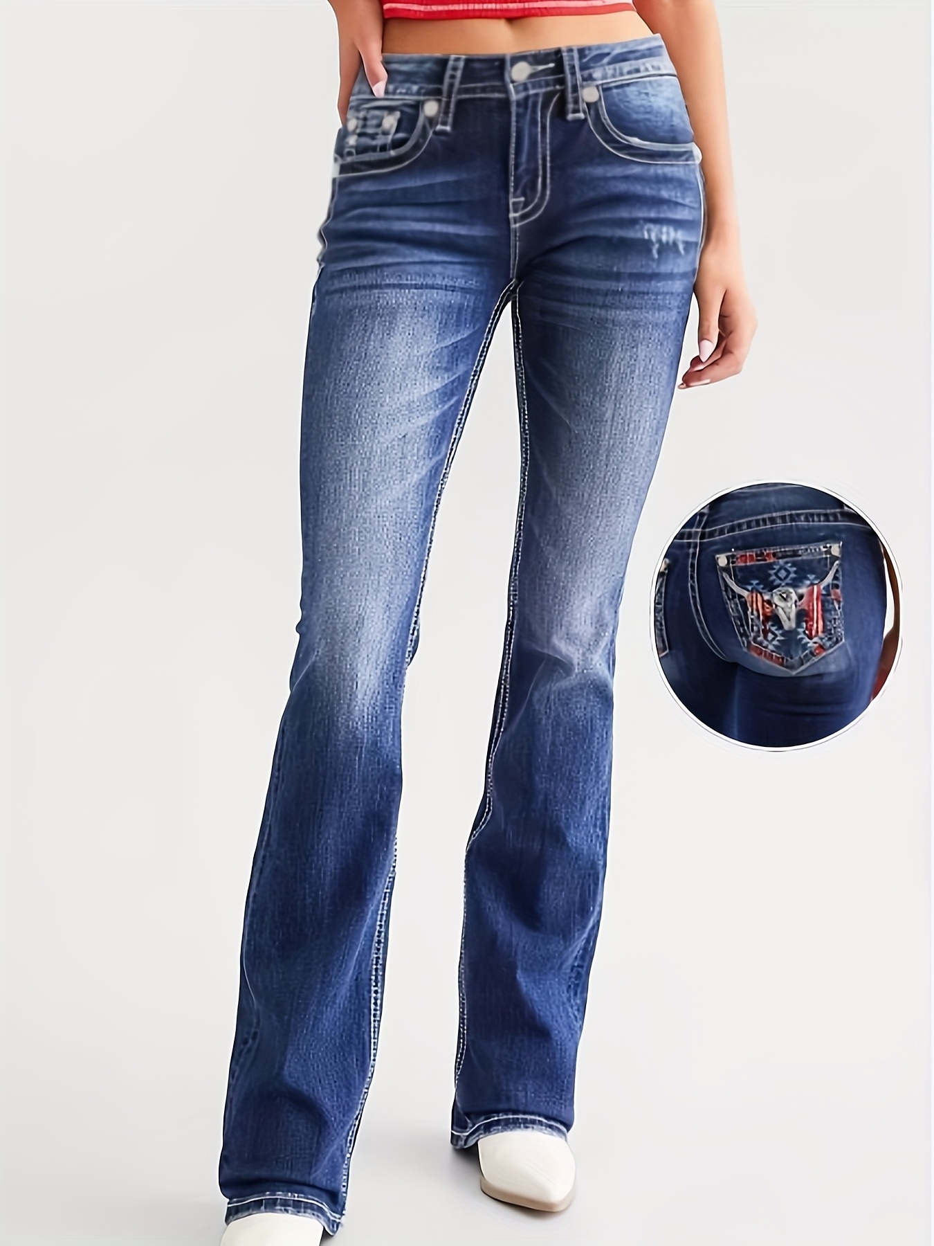 item picture new womens bootcut jeans dark blue washed embroidered   casual outing office  