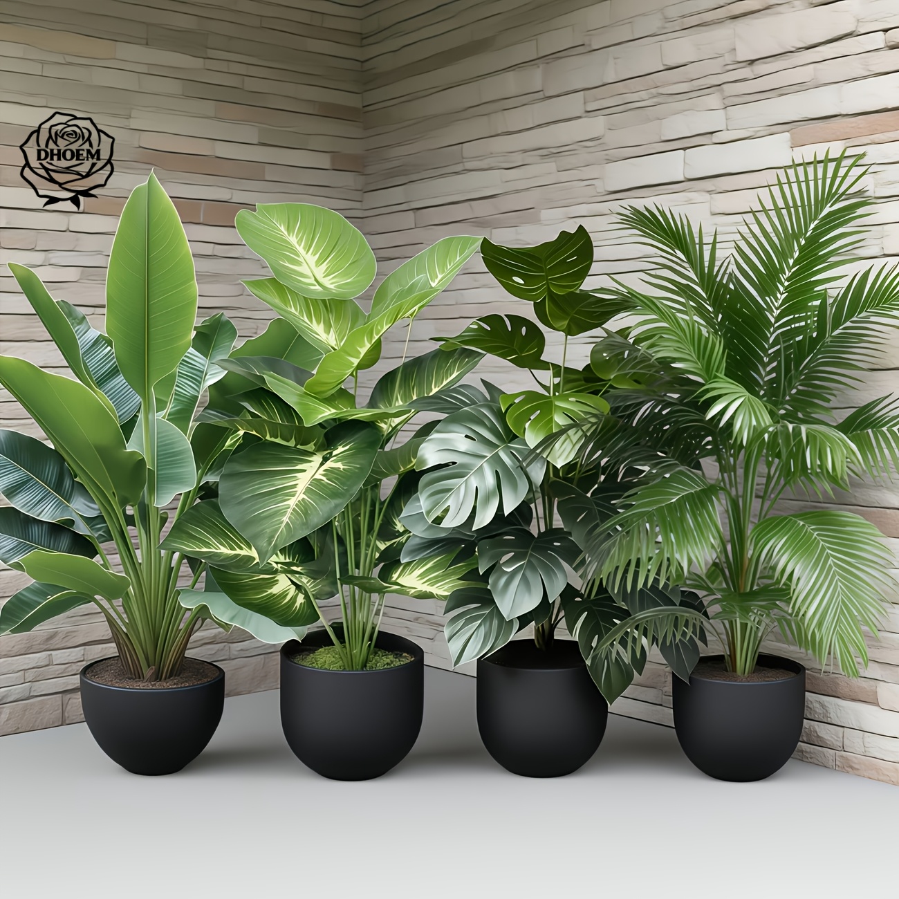 4pcs Set - Includes 48 Large Leaves of Large Outdoor Artificial Green Plant Loose Palm Tree Combo - DHOEM Wedding Garden Modern Decoration, Maintenance-Free Four-Season Evergreen Wealth Tree Artificial Plant | Pothos Evergreen Potted Plant, Nordic