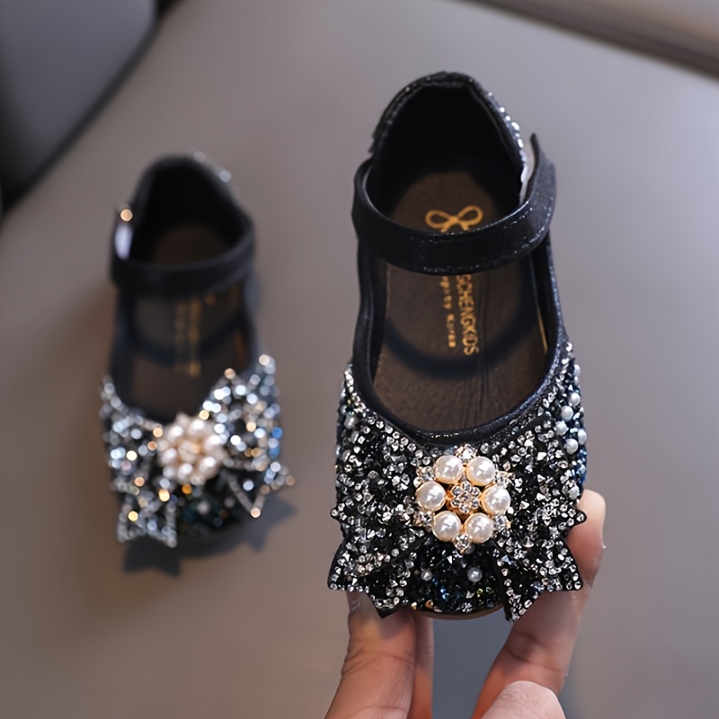 TEMU Girls' Shoes With Rhinestone Pearl Bow Flat Shoes, Children's Dress Performance Shoes, Little Girl's Birthday Shoes