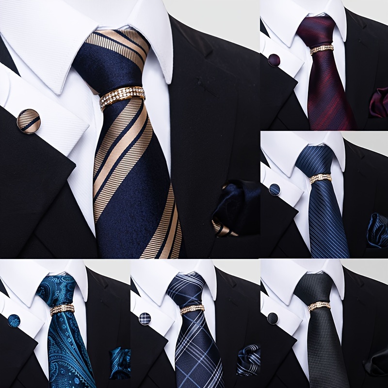 

4pcs/set Stylish Striped Floral Tie, Pocket Square, And Cufflinks Set With Ring - Formal Business And Wedding Attire
