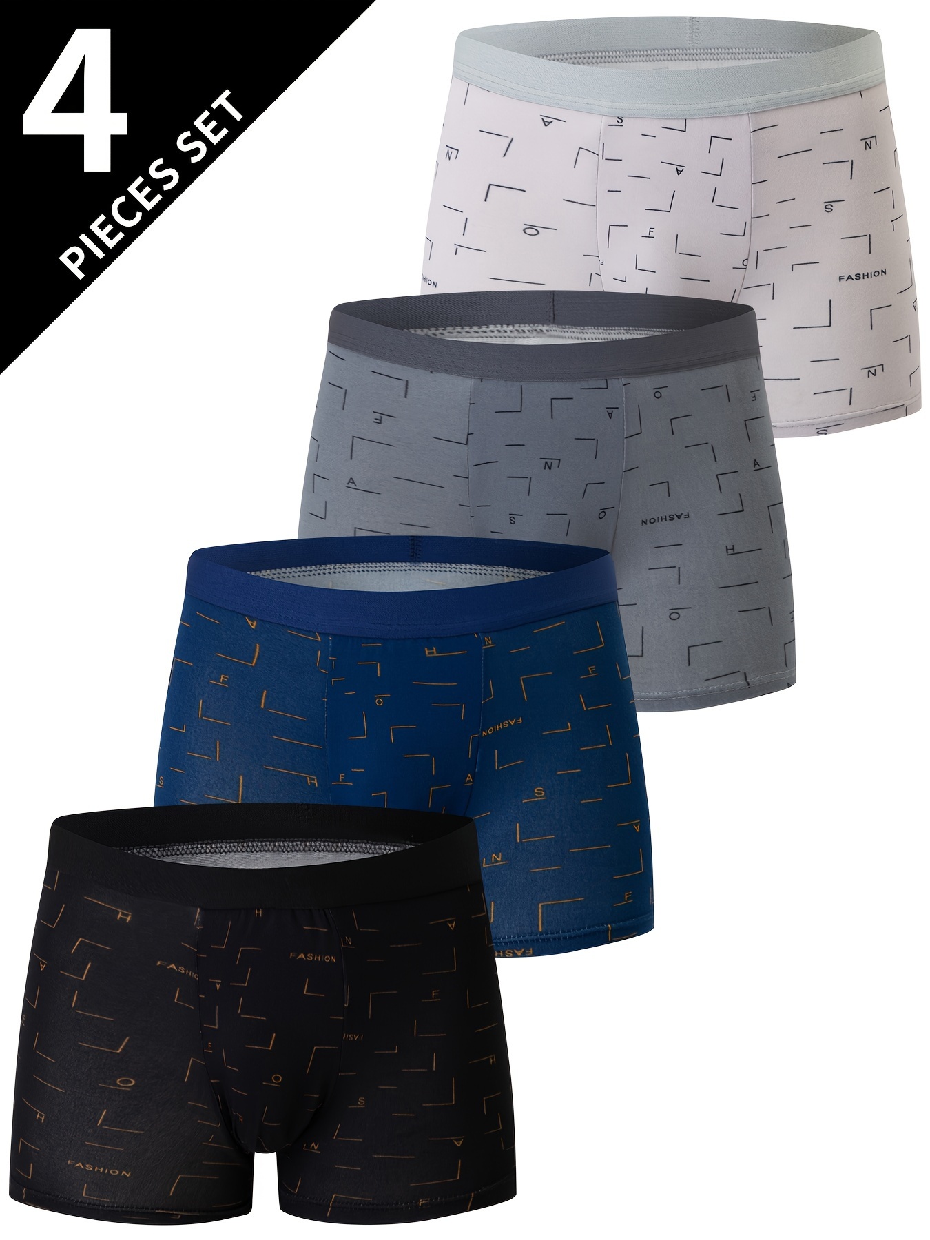 4pcs Men's Fashion Pattern Print Boxer Briefs, Crotch Mid-waist Breathable Comfortable Boxer Trunks, Elastic Sports Shorts, Men's Casual Underwear for Daily Wear