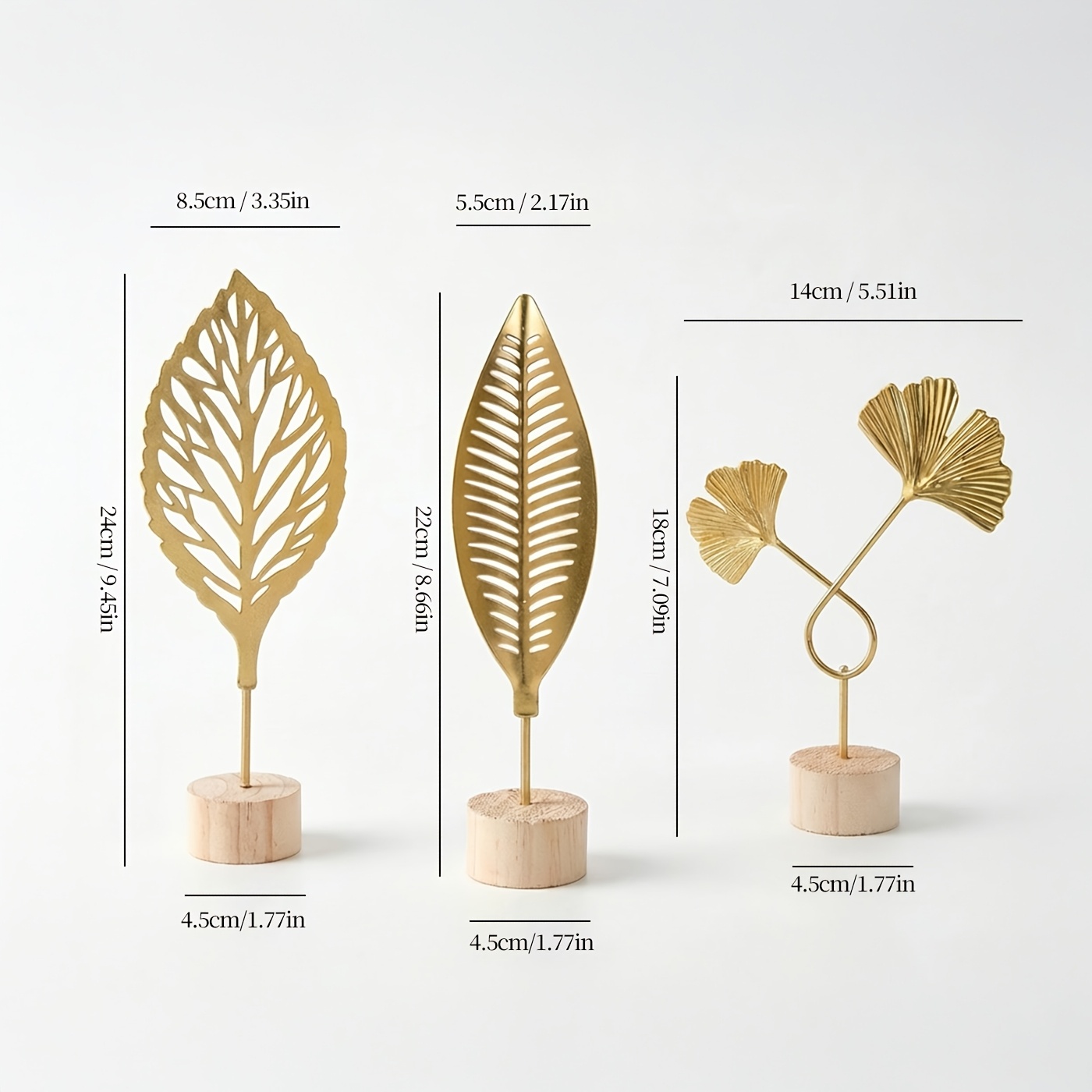 TEMU 3pcs Set, Golden Wrought -shaped Ornaments, 3pcs Set With Wooden Base, Metal Decorative Craft, Minimalist Decorative Style, Suitable For Living