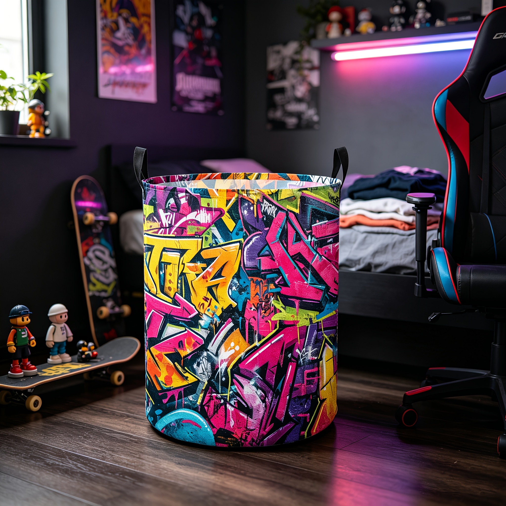 TEMU 1pc Dirty Laundry Basket With Colorful Graffiti Trendy Printed Handle, Foldable Laundry Hamper For Home, Large Capacity Storage Basket, Holiday