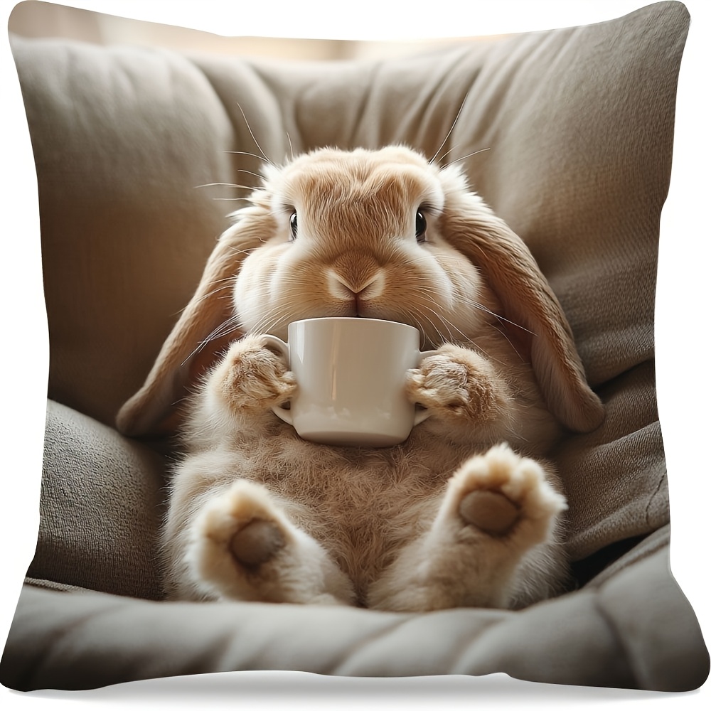 TEMU A Cute Rabbit Print Decorative Pillow Cover, Made Of Soft Polyester Fiber, Measuring 18x18 Inches, Machine Washable With A Zipper, Featuring A