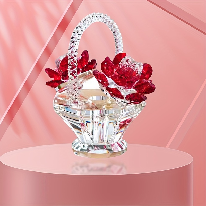 

Elegant Red Rose Crystal Basket - Glass Collectible Figurine For Home Decor, Perfect Table Centerpiece & Christmas Gift