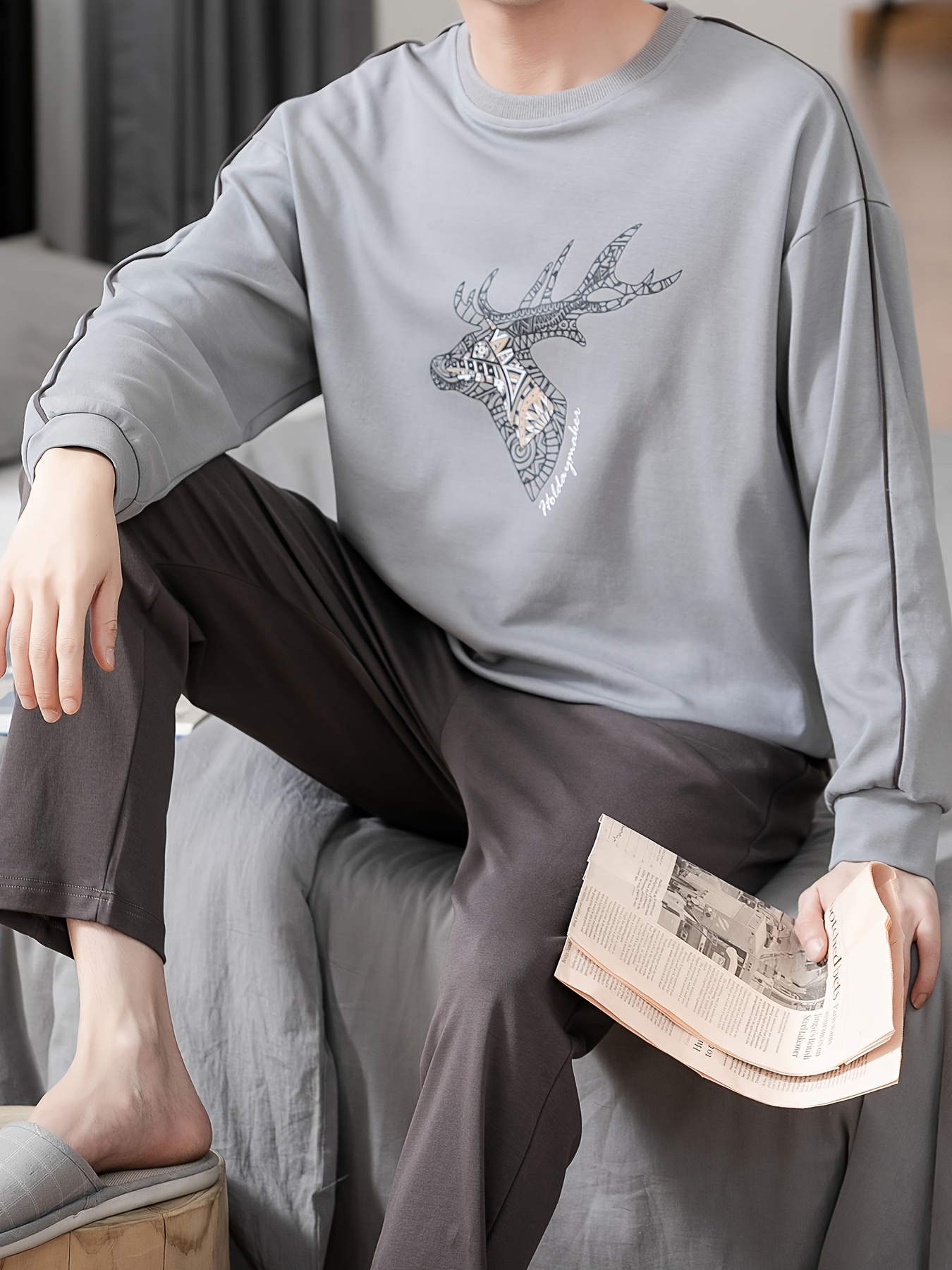 Men's 100% Cotton Sleepwear Set - Casual Spring/Fall Pajama Sets with Crew Neck, Long Sleeve, Pocket Detail, Loose Fit Knit Fabric - Comfy Solid Color Loungewear