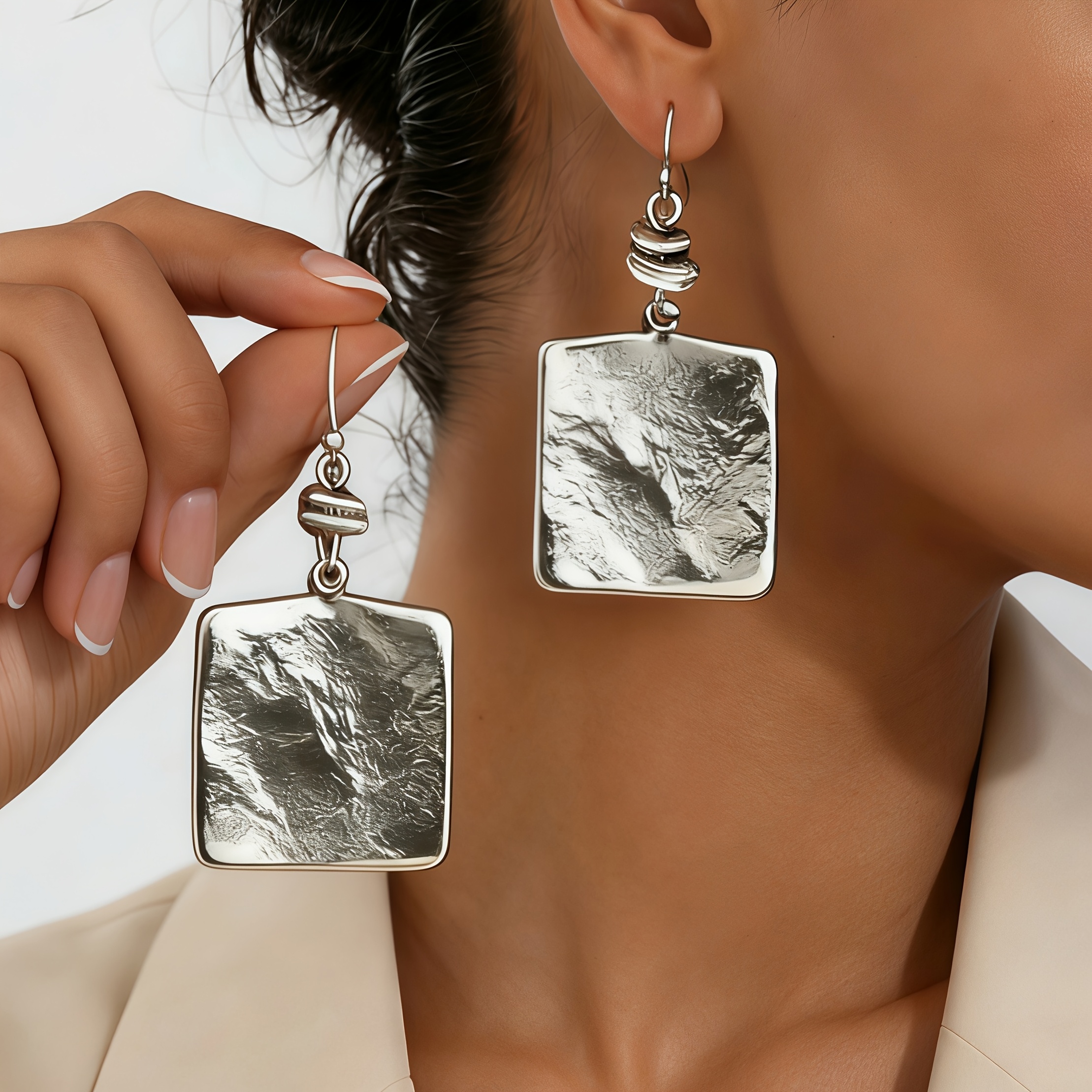 Image of 1 Pair Lorylin Women's Geometric Square Pleated Drop Earrings - Minimalist Layered Square Pendants, Suitable For Daily Wear, Parties, Dates, Versatile Elegant For Banquet & Special Occasion