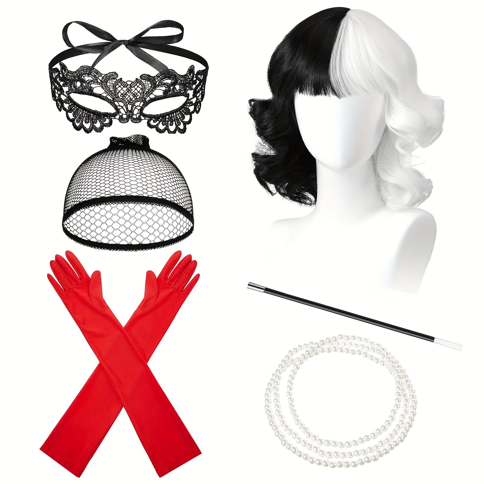 

1920s Flapper Wig Set For Women - 7pcs, Glueless Coily Hair, Movie Theme Party Costume Accessories With Elastic Net Cap, Black & White Wig, Pearl Necklace, Long Red Gloves & Lace Mask