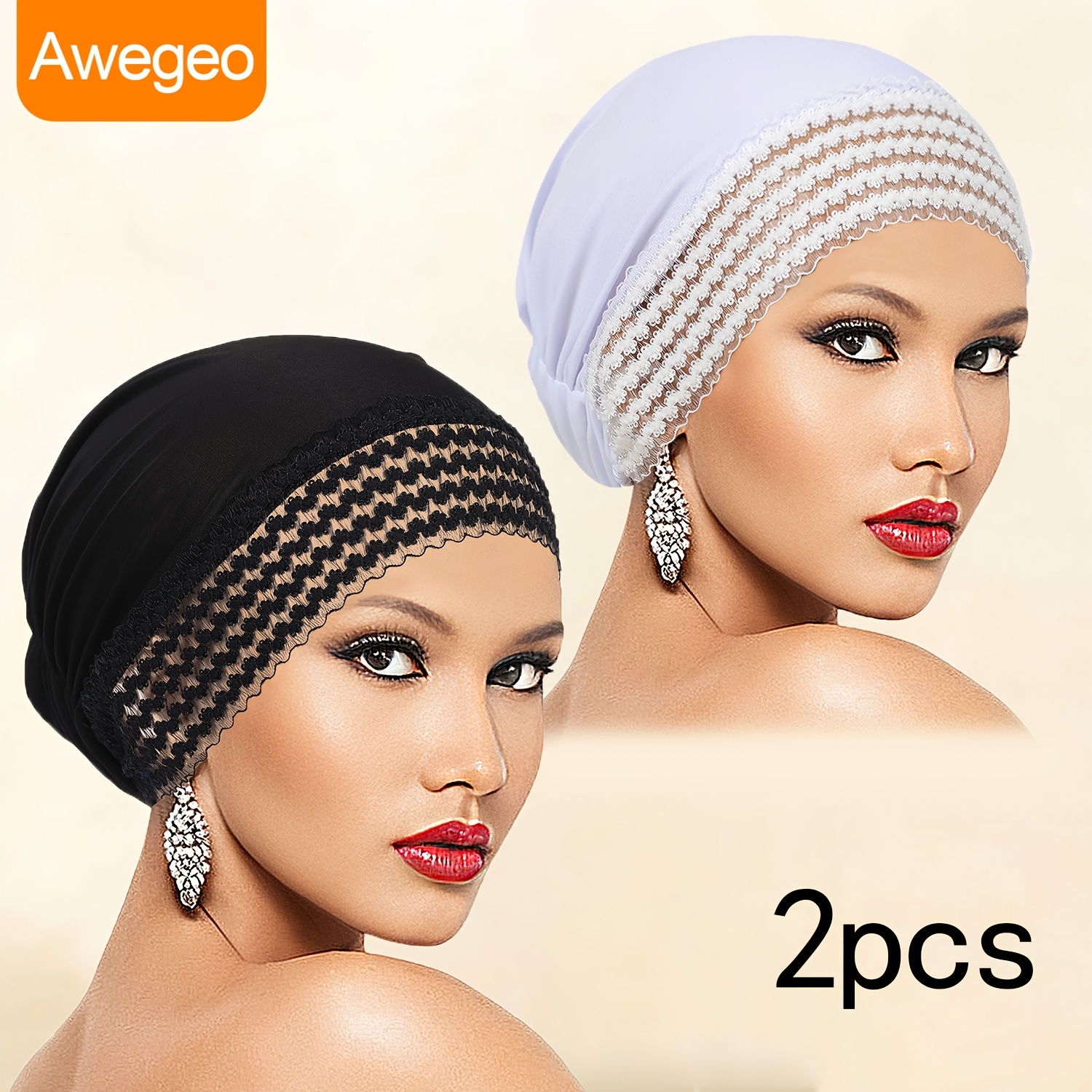 TEMU 2pcs Women' Color Turbans, Upgraded Lace Trim, Stylish Multifunctional Bottom Hat, Casual, Lightweight And Comfortable Daily Hat