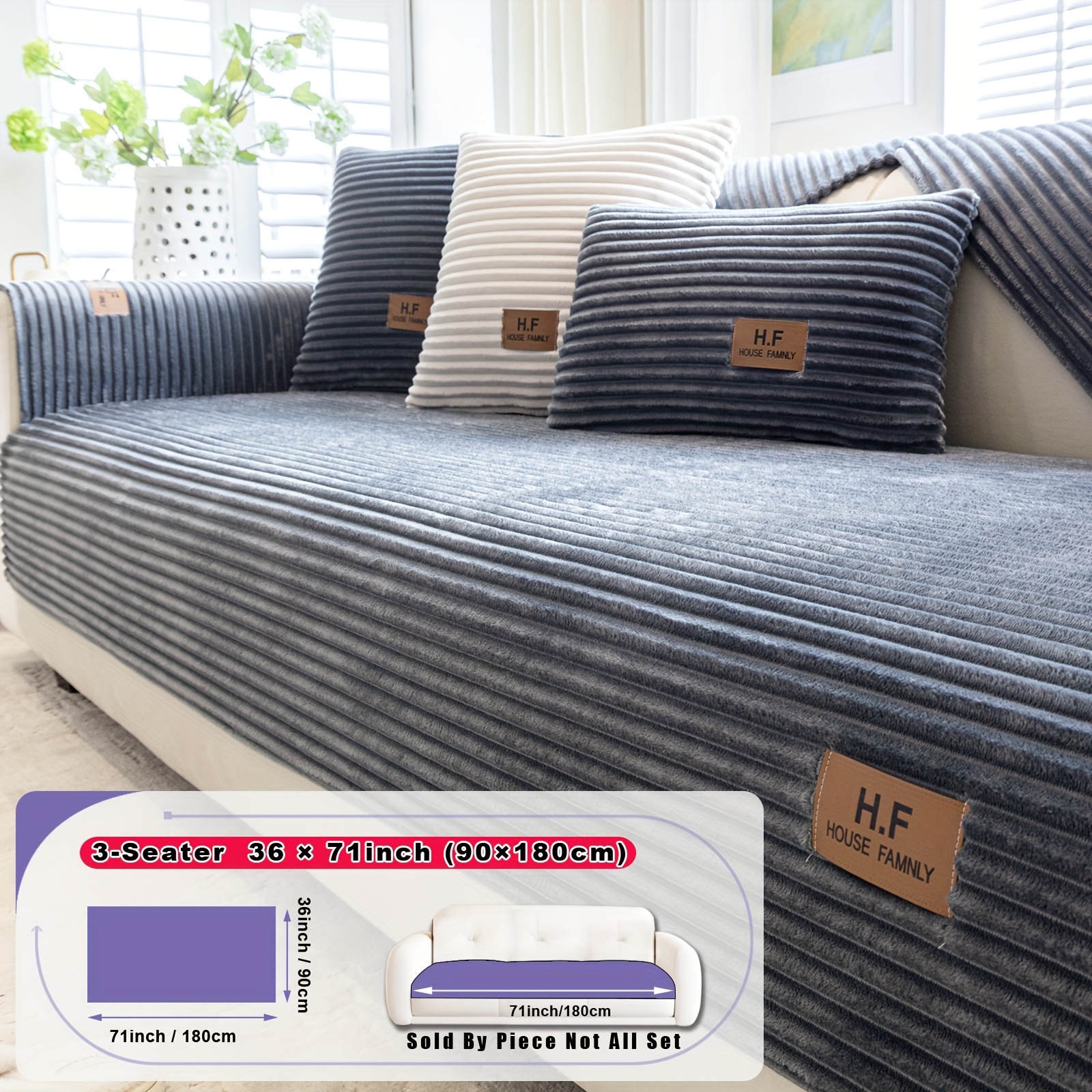 E-shop 1 Stück HF Moderner Plüsch-Flanell-Sofabezug – Haustierfreundlicher Rutschfester Sofaschoner mit Streifendesign & Lederimitat-Patches,