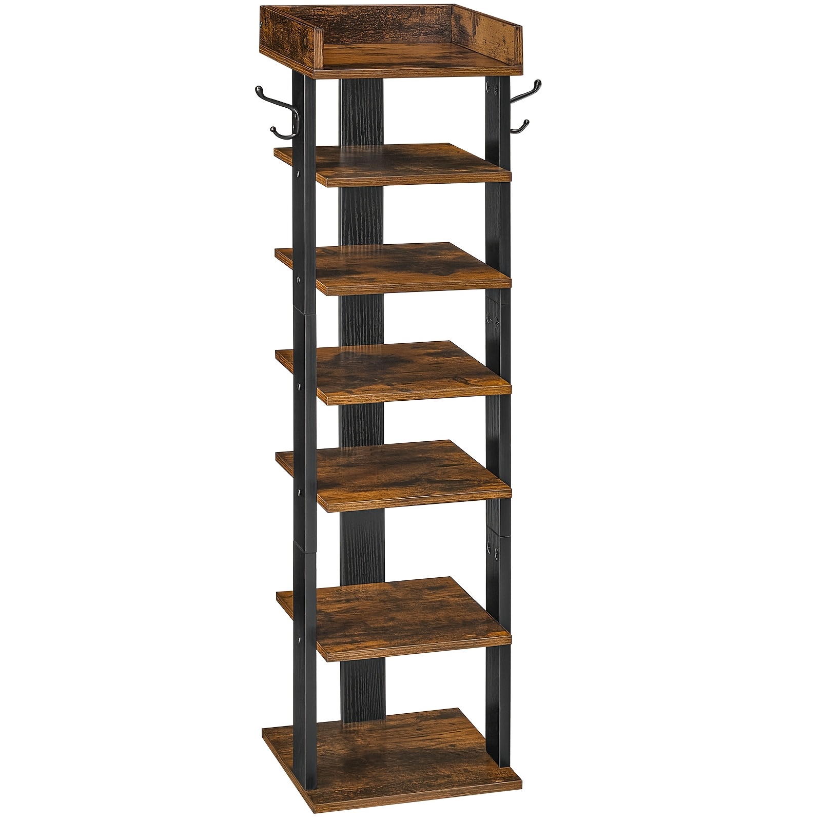 Image of 7-tier Vertical Shoe Rack - Space-saving Narrow Shoe Organizer With Fence And Hooks For Hallway, Living Room, And Bedroom - Stylish Dark Brown And Black Finish