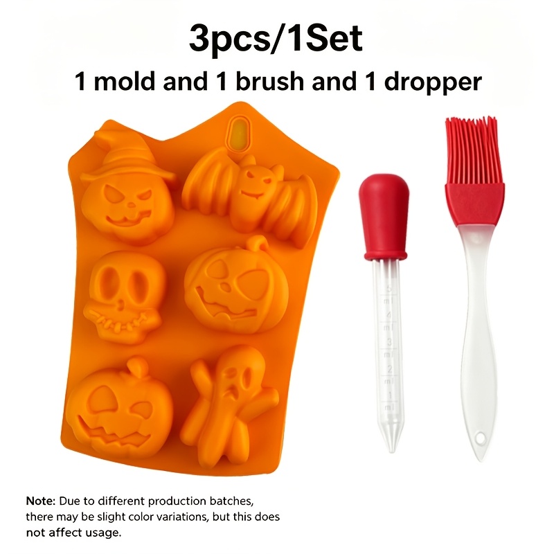 TEMU New 3pcs Halloween Silicone Mold Set - Includes 1 Silicone Mold, 1 Brush, 1 Dropper, And A 6-cavity Pumpkin, Bat, And Mold For Diy Soap, Candle,