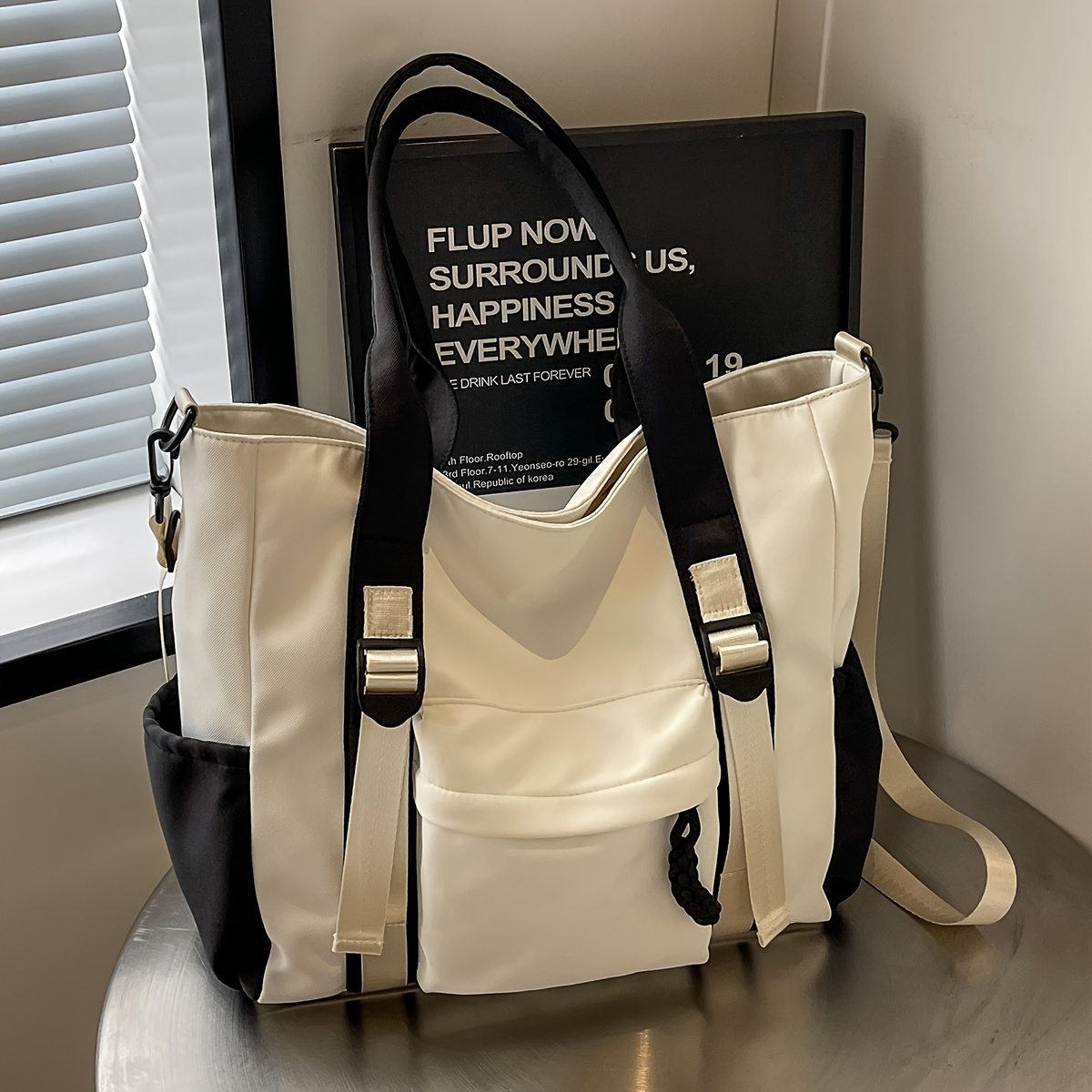 TEMU Casual Color Block Women's Tote Bag With Multiple Pockets, Durable Shoulder Handbag For School Use