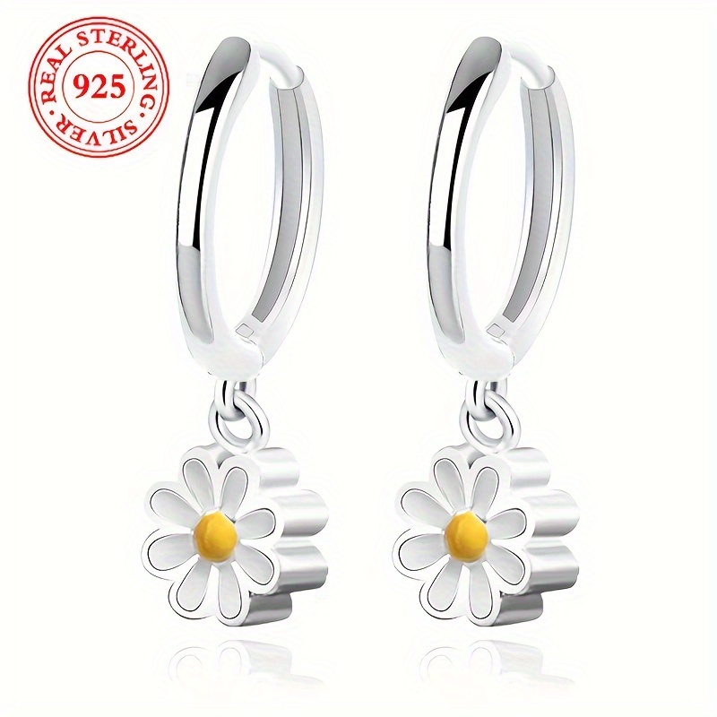 

Sterling Silver S925 Daisy Hoop Earrings, Flora Jewelry, Casual Vacation Style, Simple Elegant Design For Everyday Wear