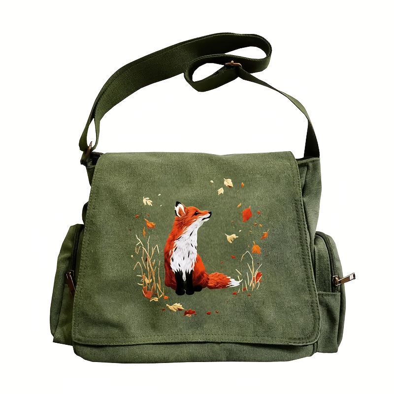 TEMU Sac à bandoulière unique à grande capacité, sac cabas bandoulière messager à rabat vintage, motif imprimé renard d'automne et feuilles mortes,