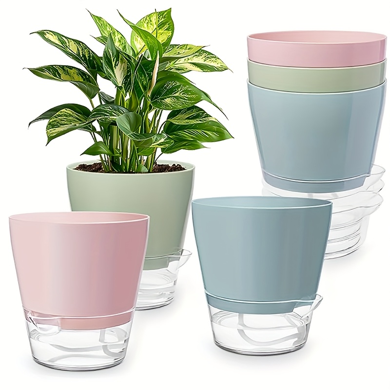 Image of Set Of 6 Flower Pots, 6 Inches (approximately 15.2 Cm), Self-watering Planters For Indoor And Outdoor Use, Featuring Drainage Holes And A Clear Tray For Liquid Storage. Gardening Gift Home Decor