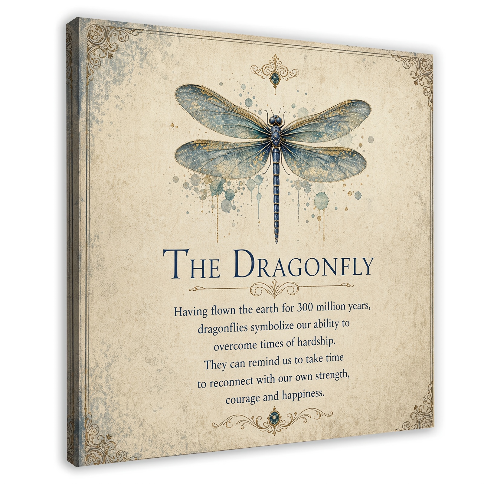 TEMU 2d Flat, 2d Flat 1pc Framed Dragonfly Canvas Wall Art, Hd Inkjet Printing With Inspirational Text And Vintage Design, Wooden Frame Decor For