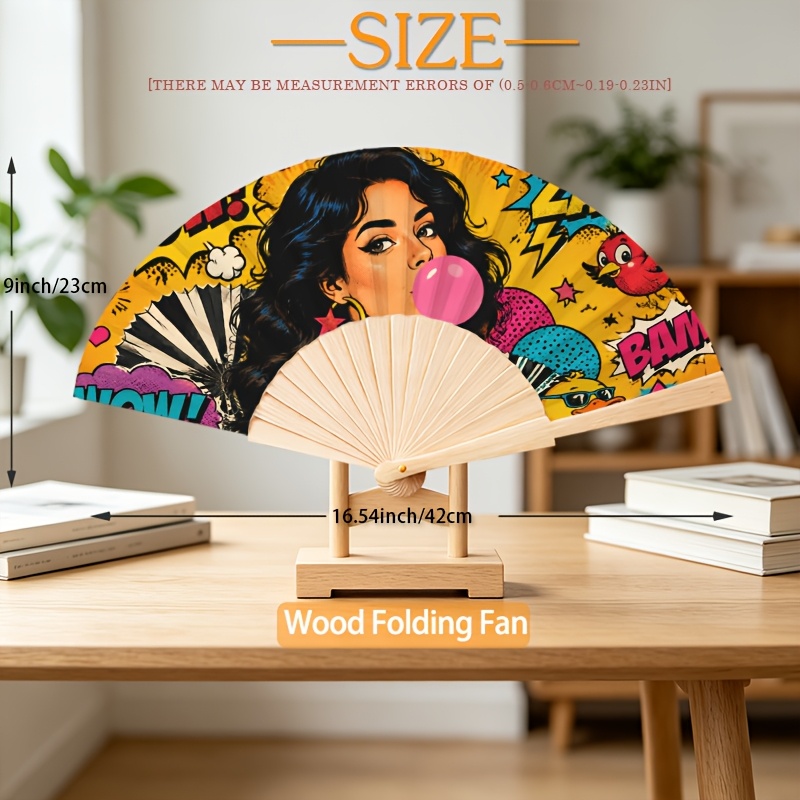 item picture 23cm wooden folding fan 1pc cartoon retro bubblegum girl printed lightweight folding   music festival summer cooling tool outdoor travel beach essential holiday decor atmosphere full
