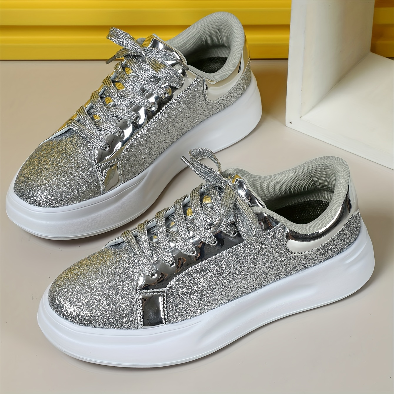 zapatillas lentejuelas plateadas brillantes mujer zapatos Temu