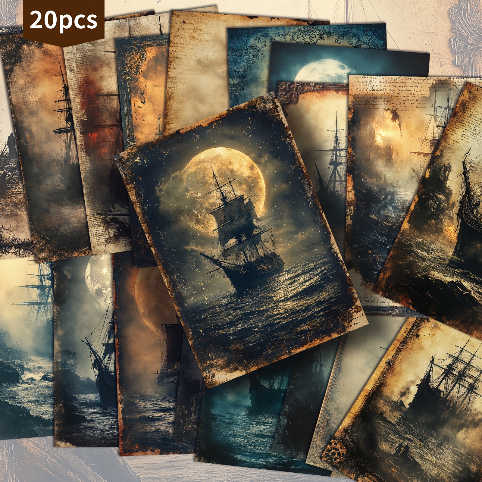 Image of 20-pack Vintage Horror Sea Sailboat Halloween Paper Postcards - 4x6 Inches Vintage Junk Journal Paper, Classic Pinup Illustrations, Collectible Decorative Painting Cards For Scrapbooking & Crafting
