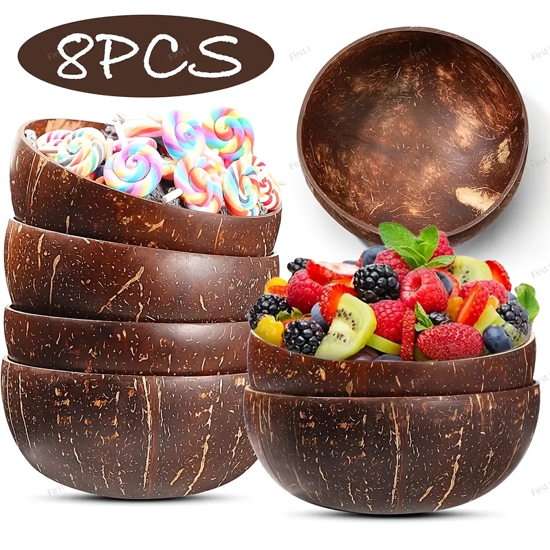 8pcs Handmade Natural Coconut Shell Bowls, Irregularly Round Made - Salad/smoothie Bowls - High-quality Vegan Kitchenware With Star Pattern, Makes A Great Gift