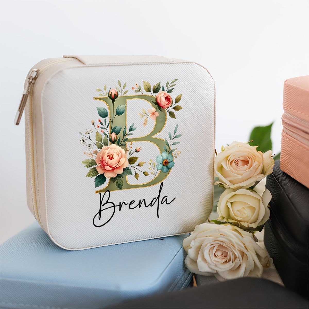 TEMU 1pc Personalized Name Letter Jewelry Box, Trendy Floral Letter Multicolor Pu Leather Travel Portable Earring Ring Storage Organizer, Wedding
