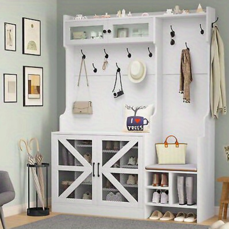 Perchero Con Zapatero Y Cojín Gelukueub - Color Blanco Brillante, Dimensiones 60.5x180.5x35.2 Cm, Con Puertas Push-to-open Y Ganchos Dorados - Para Entrada O Sala De Estar